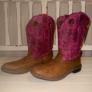 Shyanne Pink & Brown Embroidered Stitching Squqre Toe Cowboy Boots size 6D